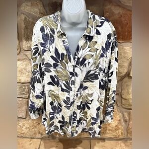 Tahari Airy Linen Shirt Women 2X Lagenlook Coastal Resort Cruise Botanical